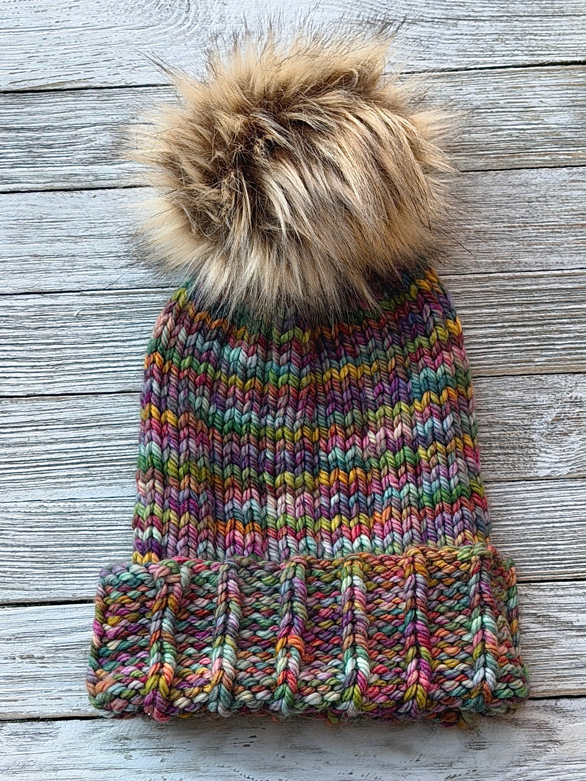 Multicolor Mid-Weight Merino Wool Salt Water Hat with Removable Faux-Fur Pom