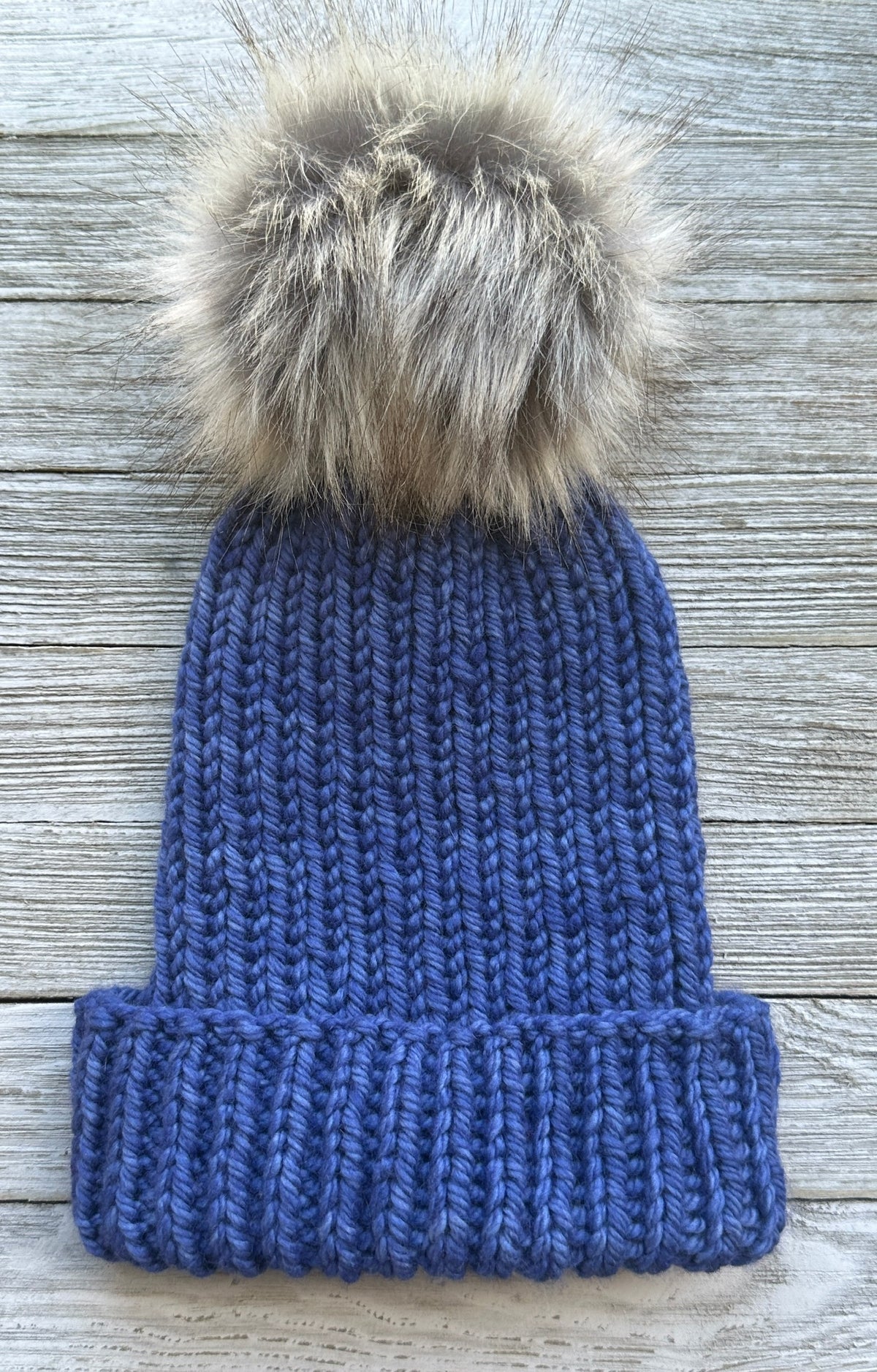 Indigo Blue Mid-Weight Merino Wool Dawson Hat with Removable Faux-Fur Pom