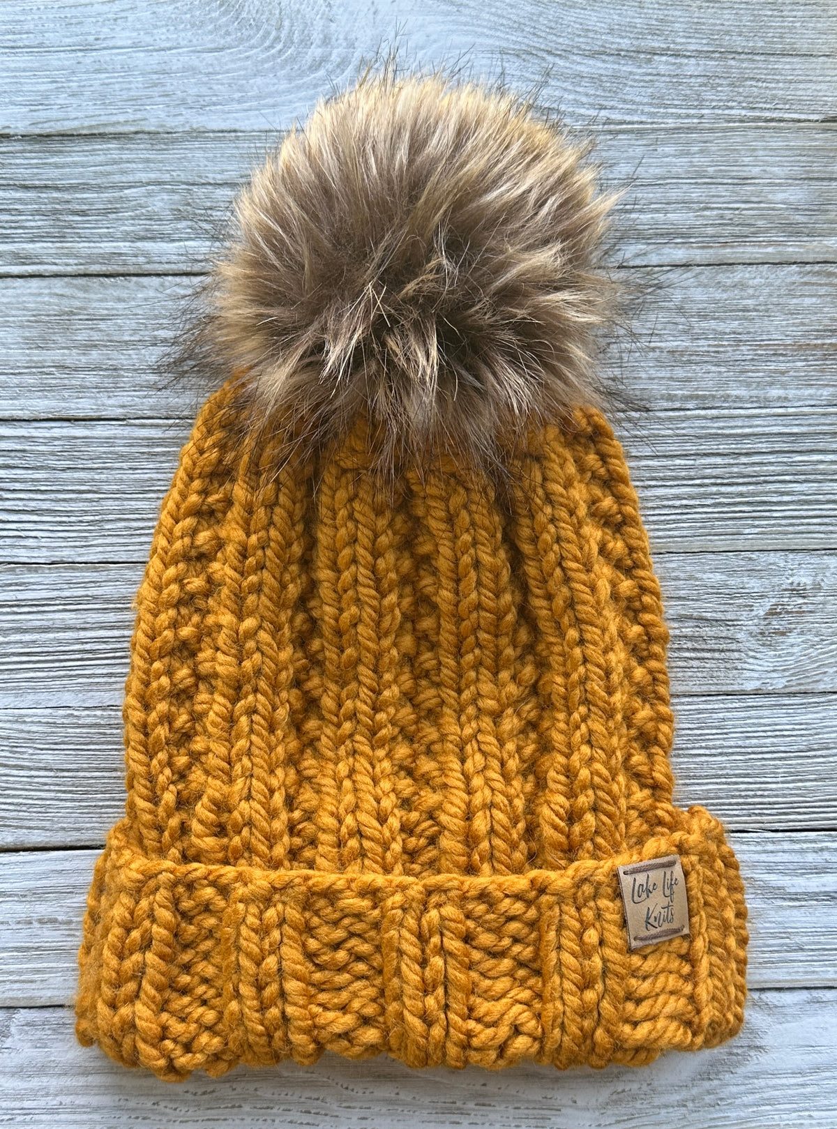 Gold Fireside Beanie with Removable Faux-Fur Pom