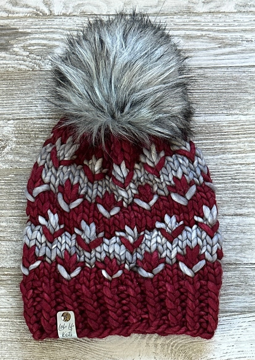 Burgundy and Silver Merino Wool Pomona Hat with Removable Faux-Fur Pom