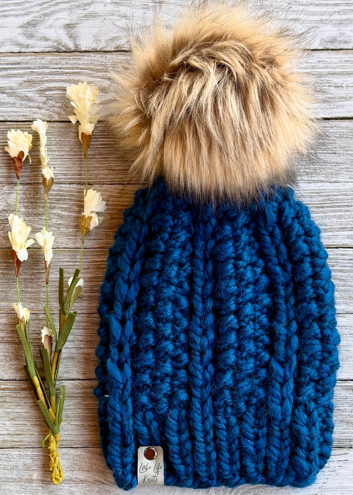Sapphire Blue Hale Beanie with Removable Faux-Fur Pom