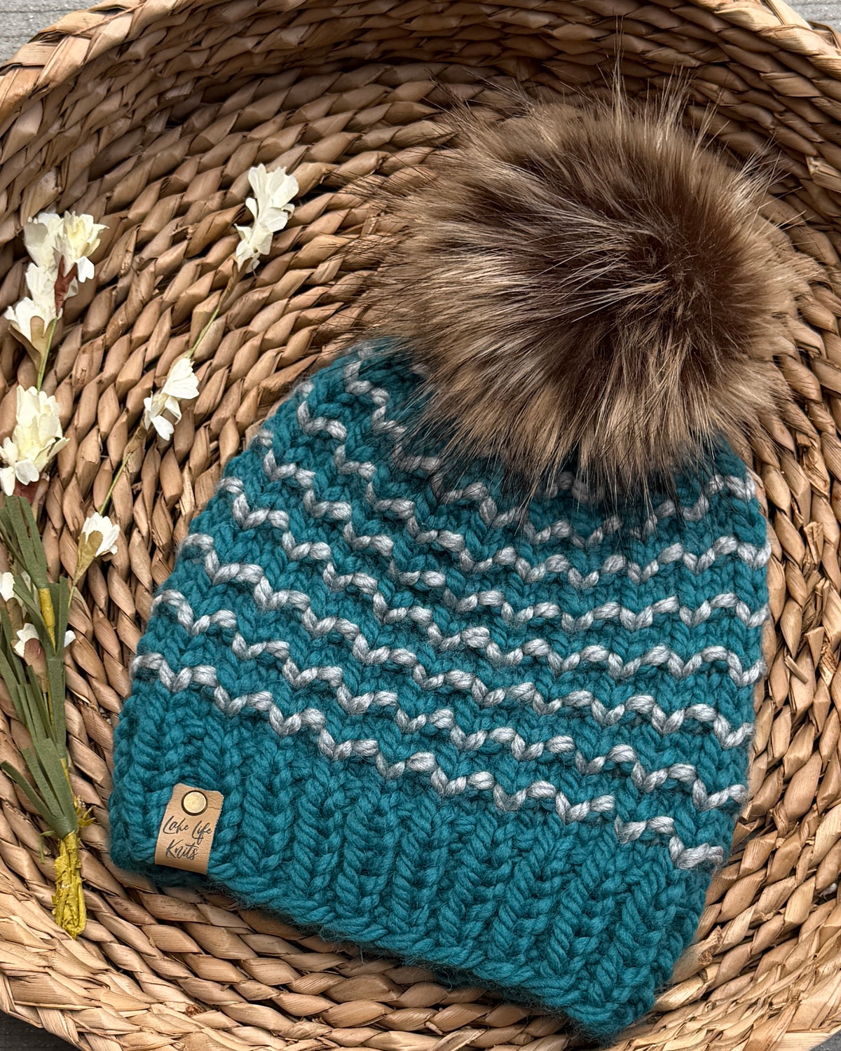 Teal & Cream Striped Gala Beanie with Removable Faux-Fur Pom