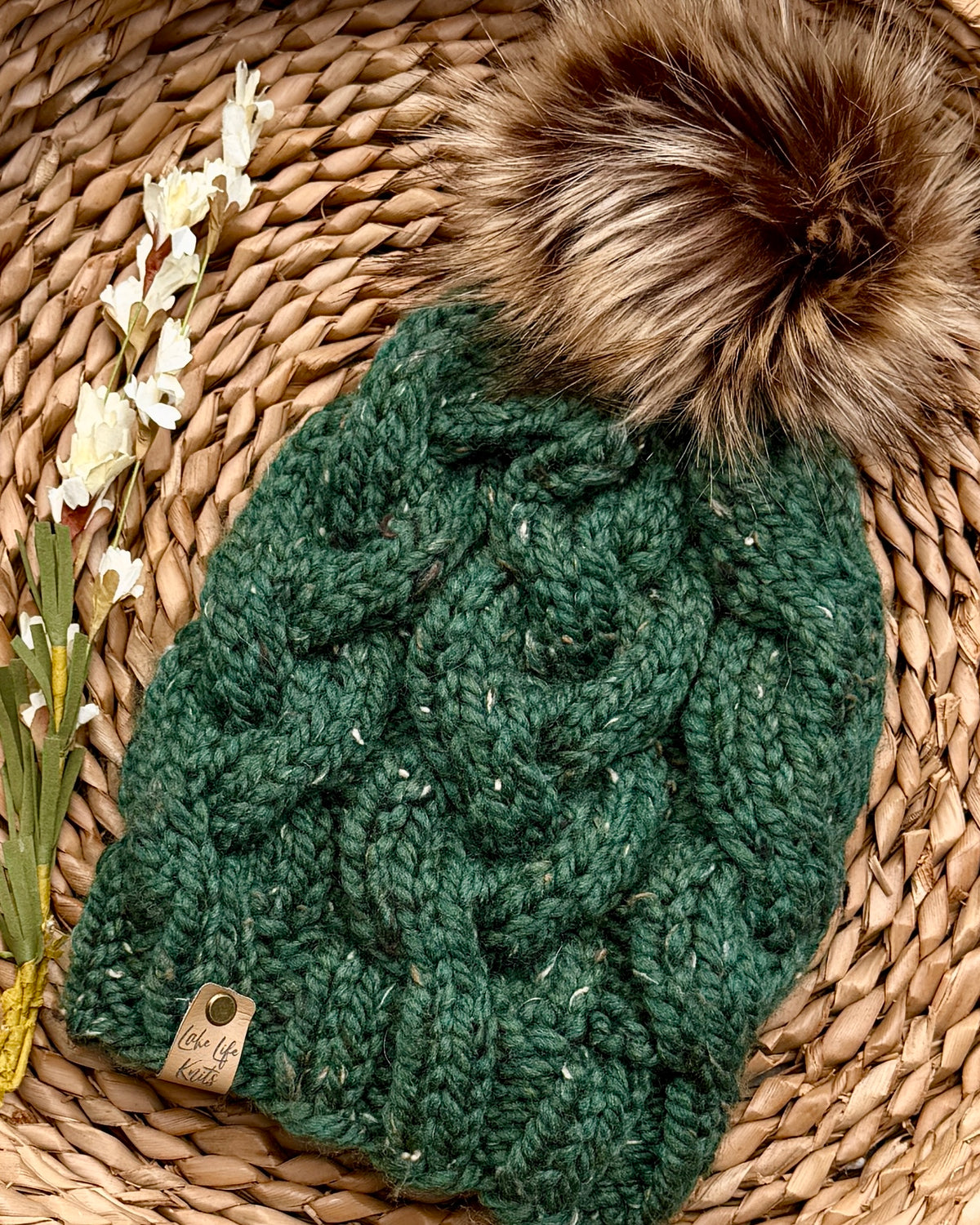 Forest Green Cable-Knit Beanie with Removable Faux-Fur Pom