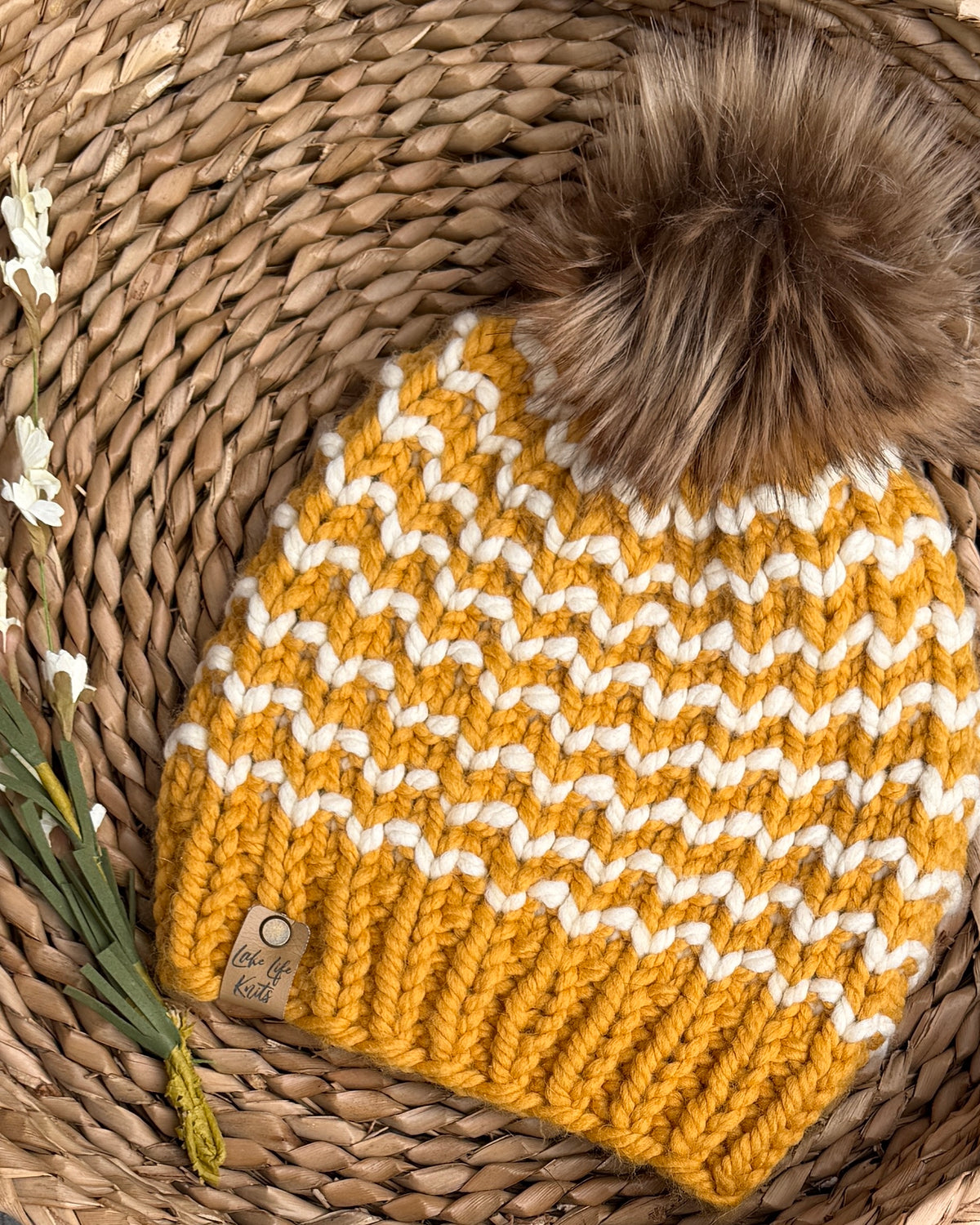 Gold & Cream Striped Gala Beanie with Removable Faux-Fur Pom