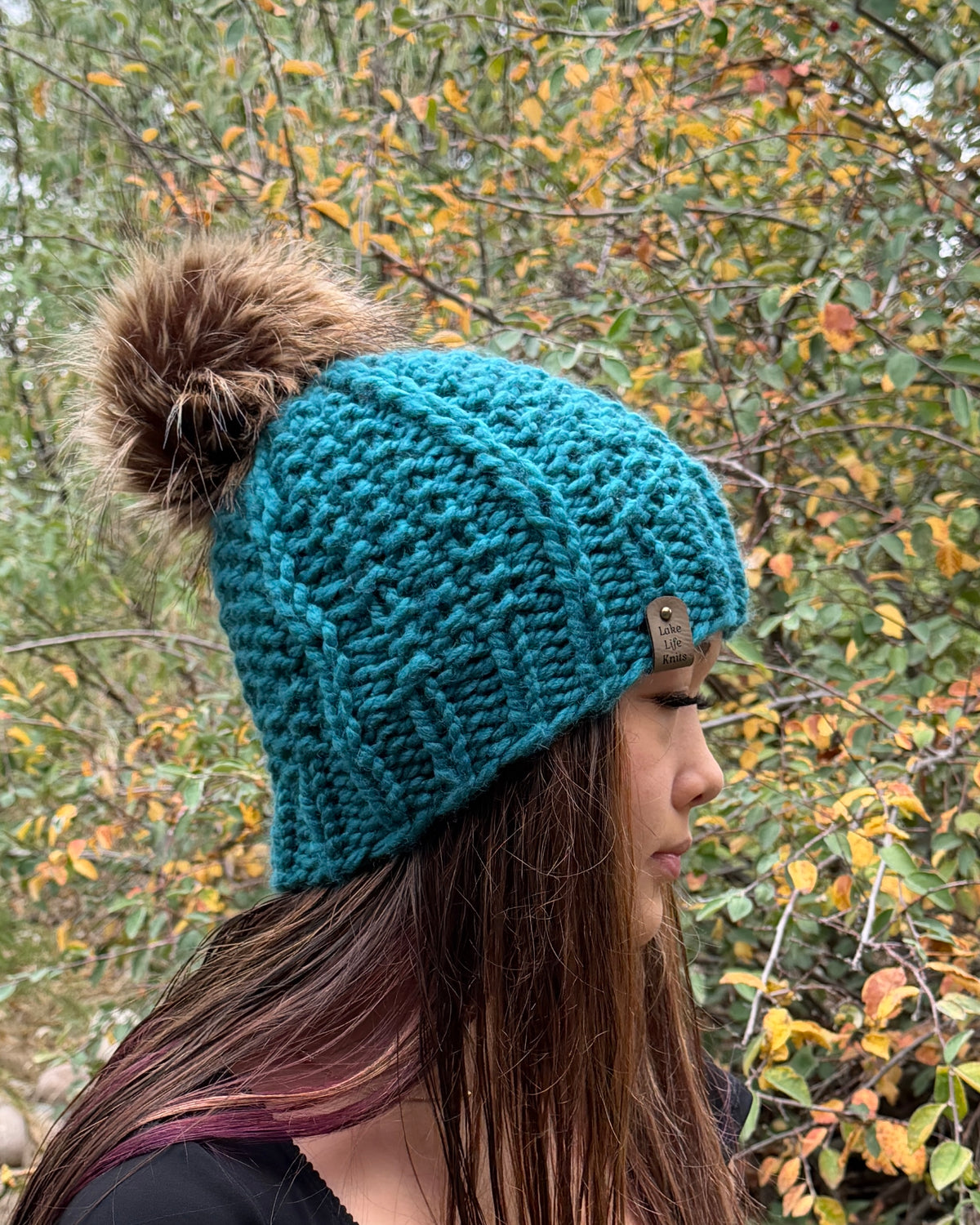 Teal Hale Beanie with Removable Faux-Fur Pom