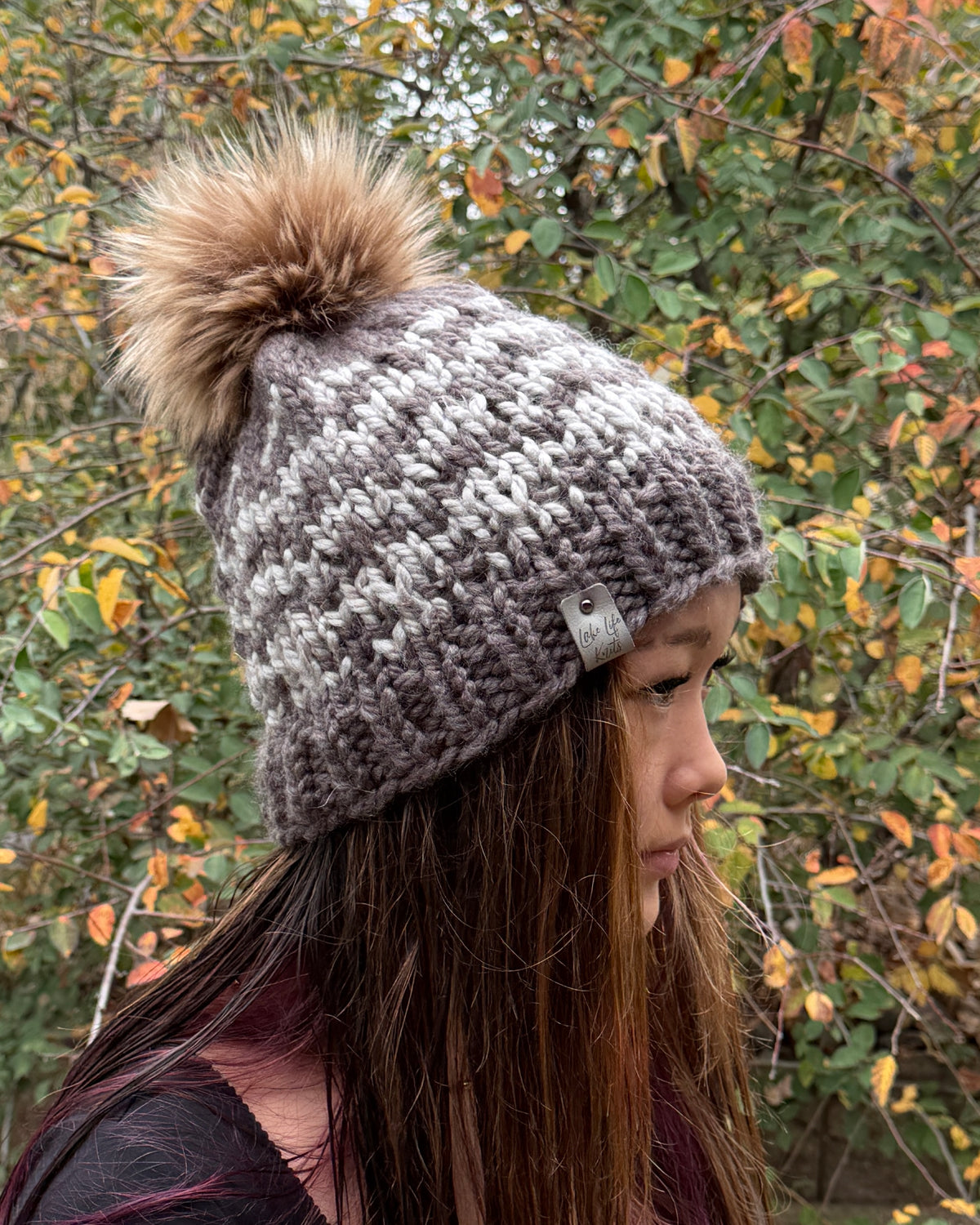 Teak & Parchment Two-Tone Beanie with Removable Faux-Fur Pom
