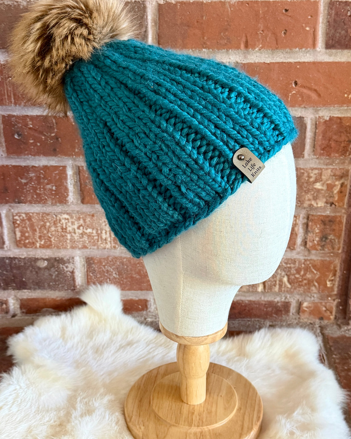 Teal Salt Water Beanie with Removable Faux-Fur Pom