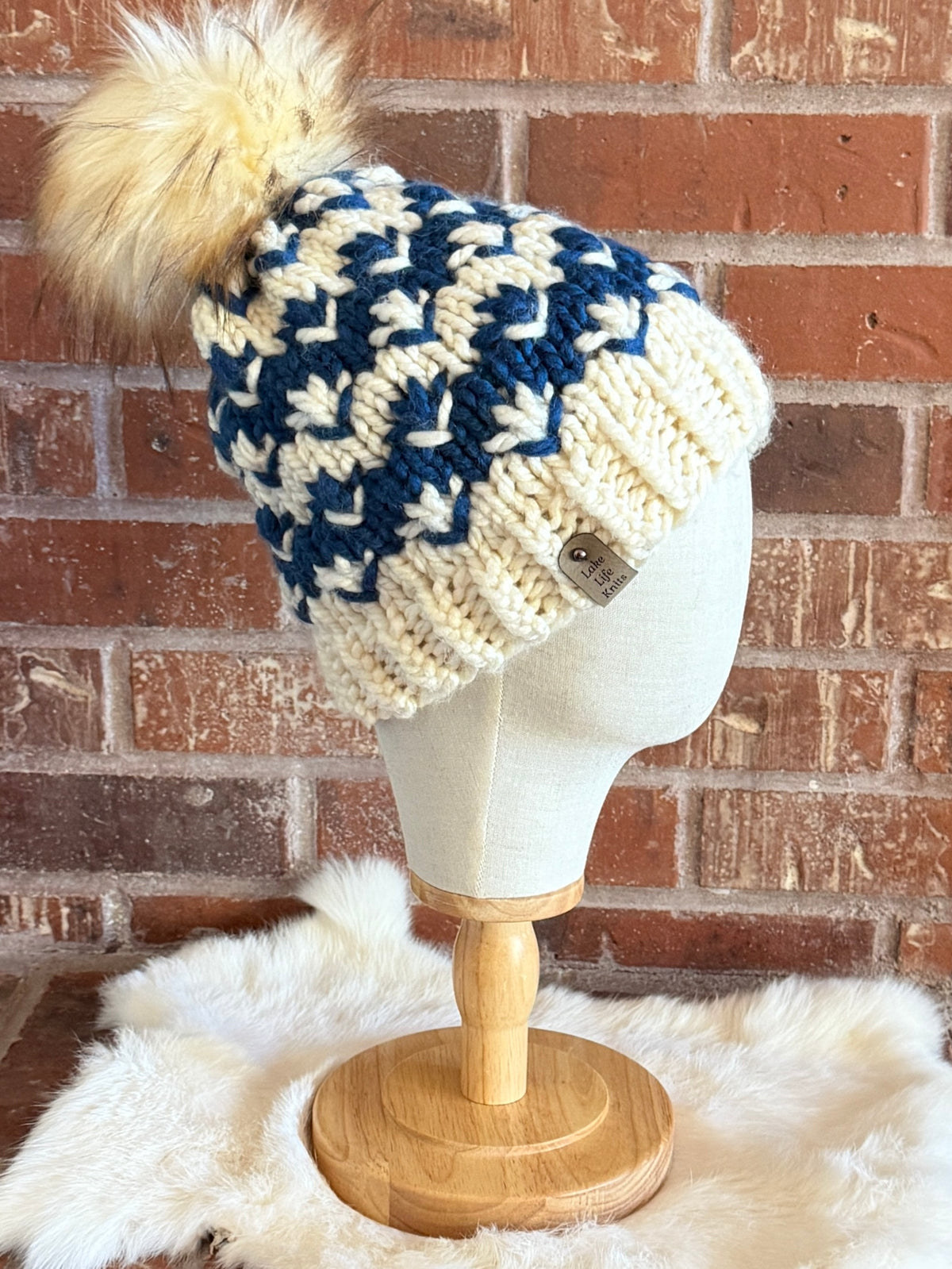 Blue & Cream Pomona Hat with Removable Faux-Fur Pom