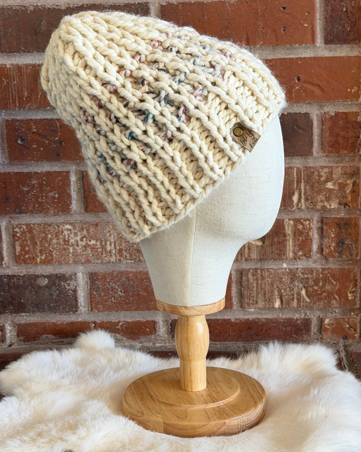 Cream Multicolor Hers Beanie with Removable Faux-Fur Pom