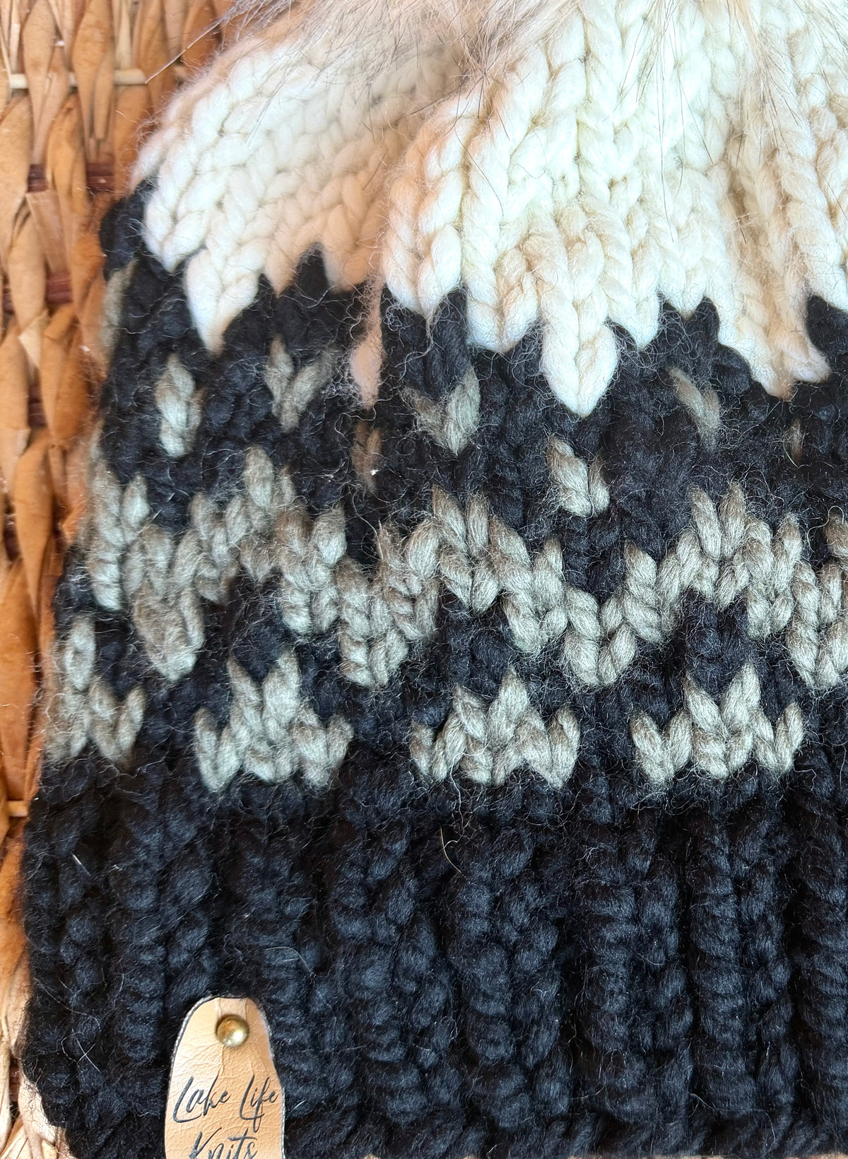 Black, Seaweed & Cream Aurora Glow Hat with Removable Faux-Fur Pom