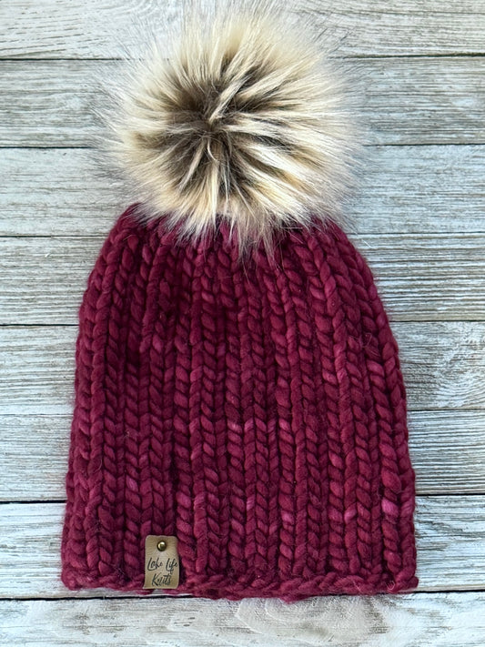 Burgundy Merino Wool Salt Water Beanie with Removable Faux-Fur Pom