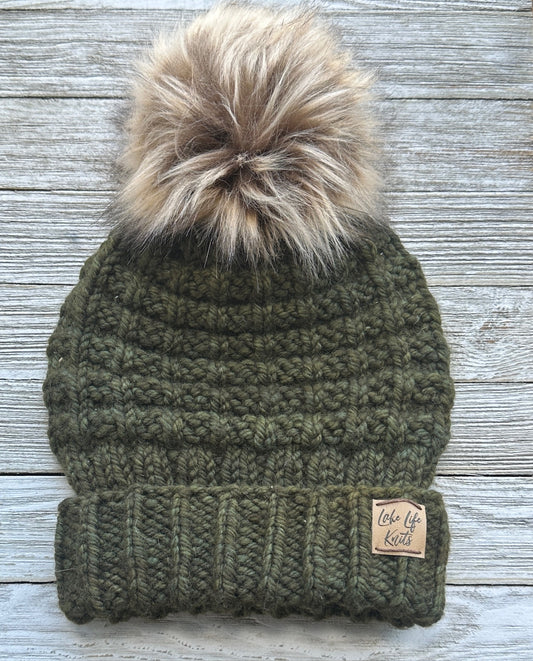 Olive Green Mid-Weight Merino Wool Made Wild Beanie with Removable Faux-Fur Pom