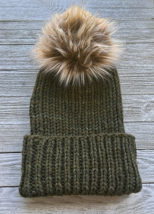 Olive Green Mid-Weight Merino Wool Dawson Hat with Removable Faux-Fur Pom