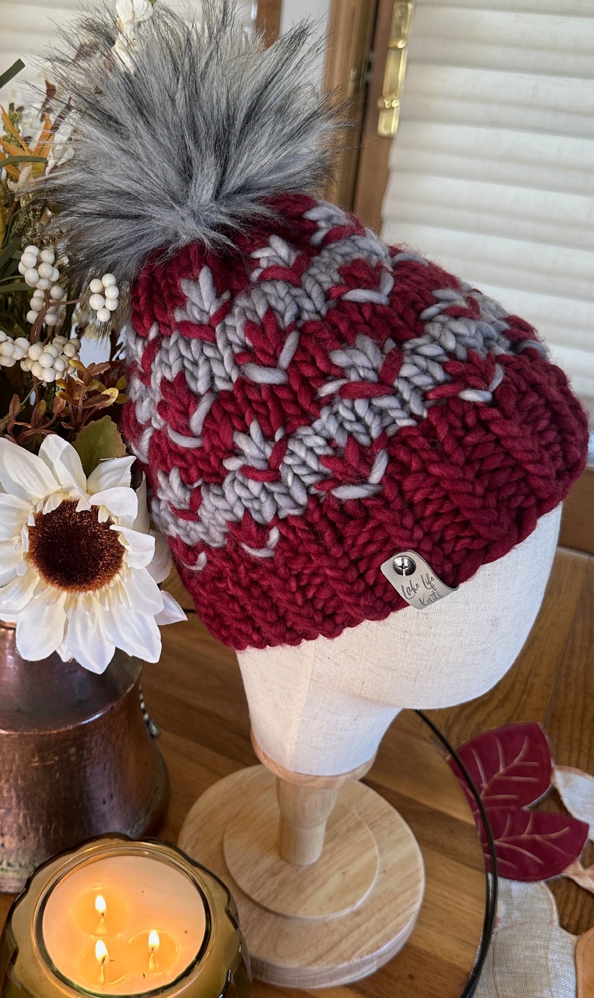 Burgundy and Silver Merino Wool Pomona Hat with Removable Faux-Fur Pom