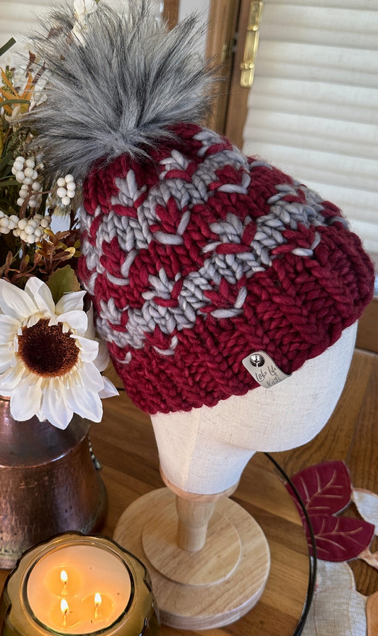 Burgundy and Silver Merino Wool Pomona Hat with Removable Faux-Fur Pom