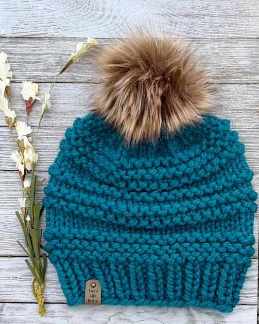Teal Cranmore Beanie with Removable Faux-Fur Pom