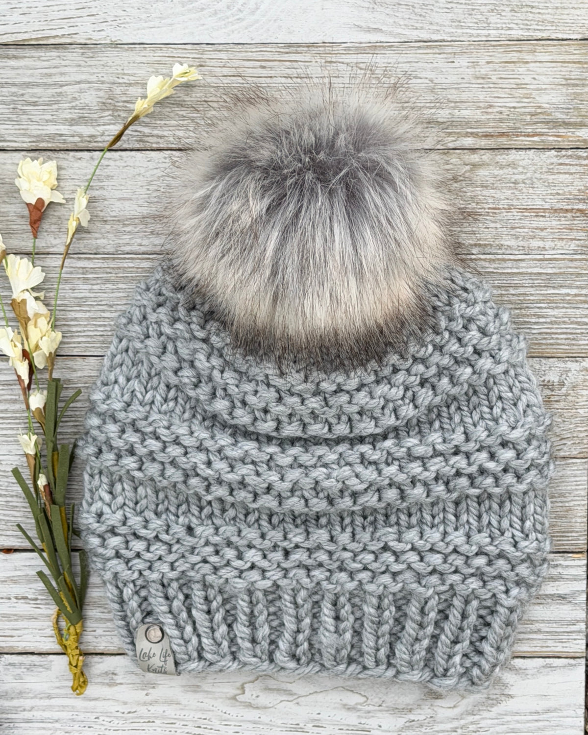 Gray Cranmore Beanie with Removable Faux-Fur Pom