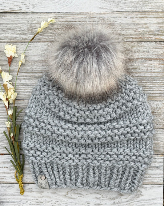 Gray Cranmore Beanie with Removable Faux-Fur Pom