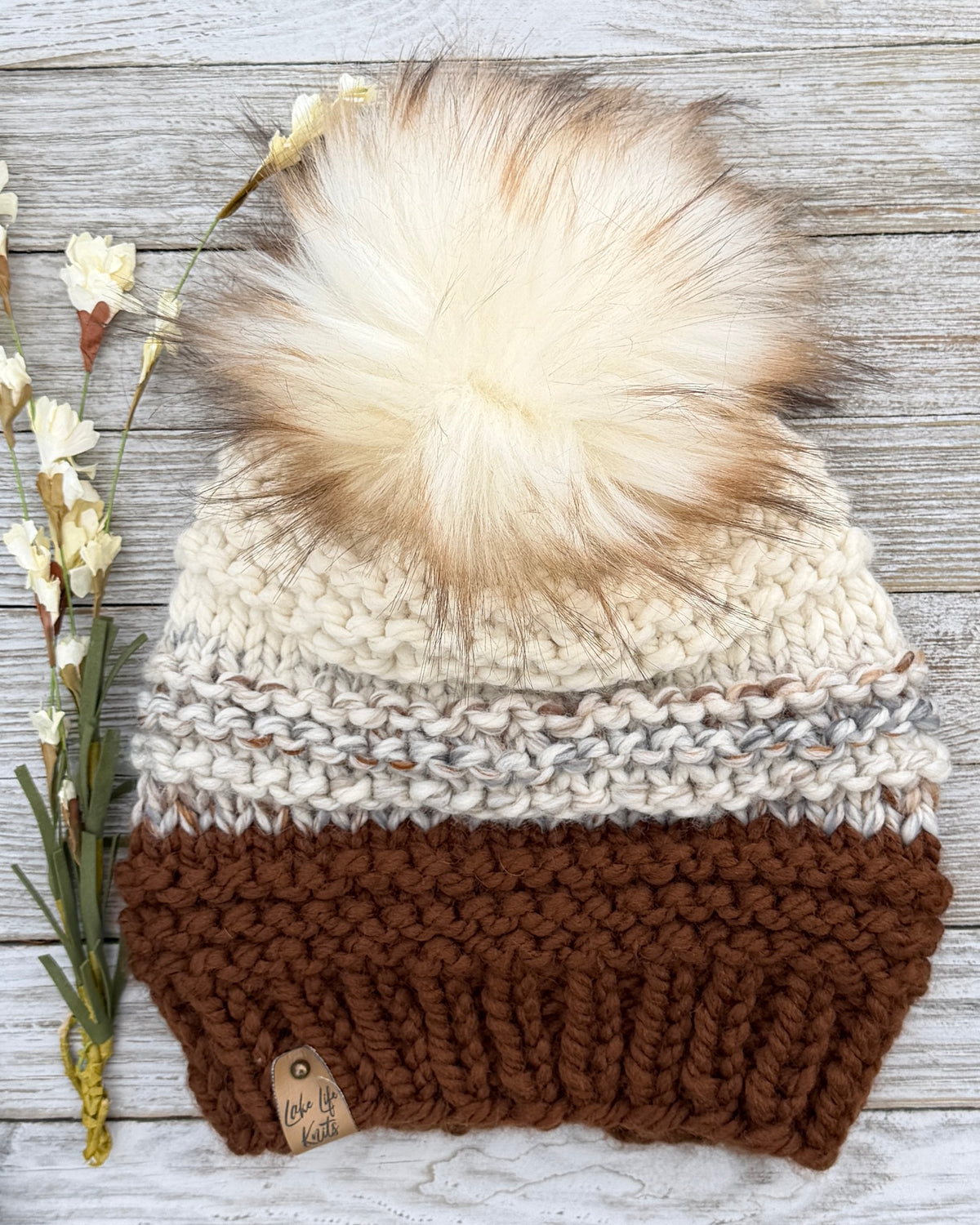Brown, Cream & Gray Hand-Knit Beanie with Removable Faux-Fur Pom