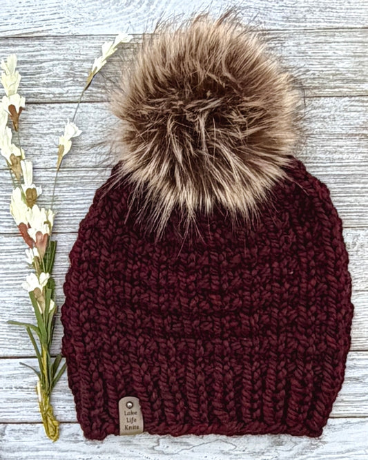 Claret Gala Beanie with Removable Faux-Fur Pom