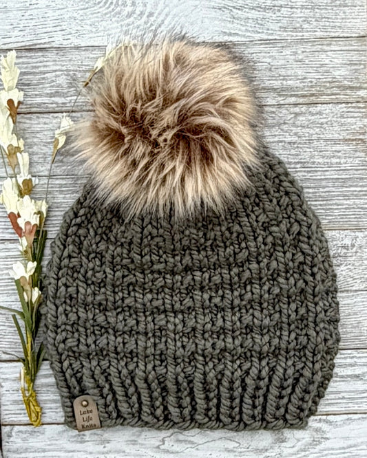 Seaweed Green Gala Beanie with Removable Faux-Fur Pom