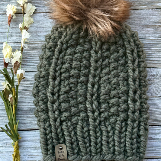 Olive Green Hale Beanie with Removable Faux-Fur Pom