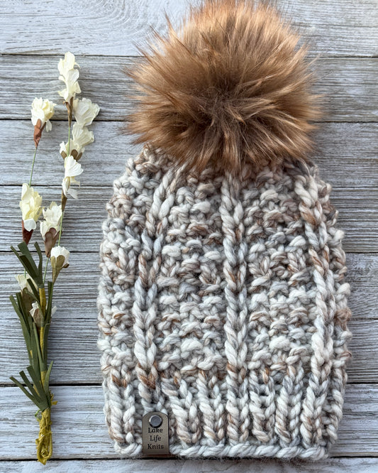 Earth-Tone Multicolor Hale Beanie with Removable Faux-Fur Pom