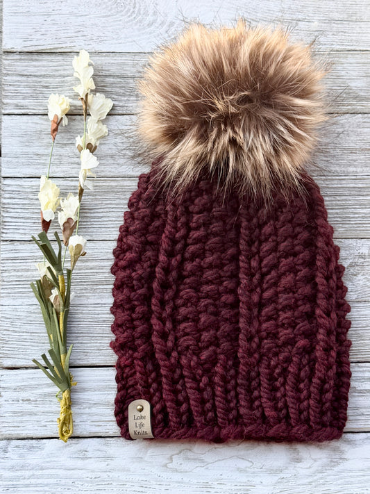 Claret Hale Beanie with Removable Faux-Fur Pom
