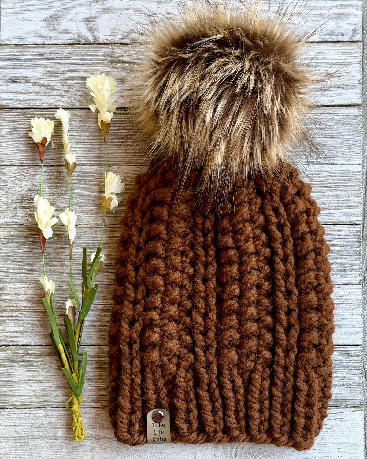 Gingerbread Brown Hale Beanie with Removable Faux-Fur Pom
