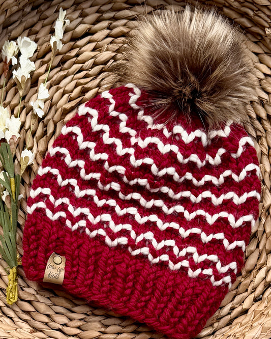 Cranberry & Cream Striped Gala Beanie with Removable Faux-Fur Pom