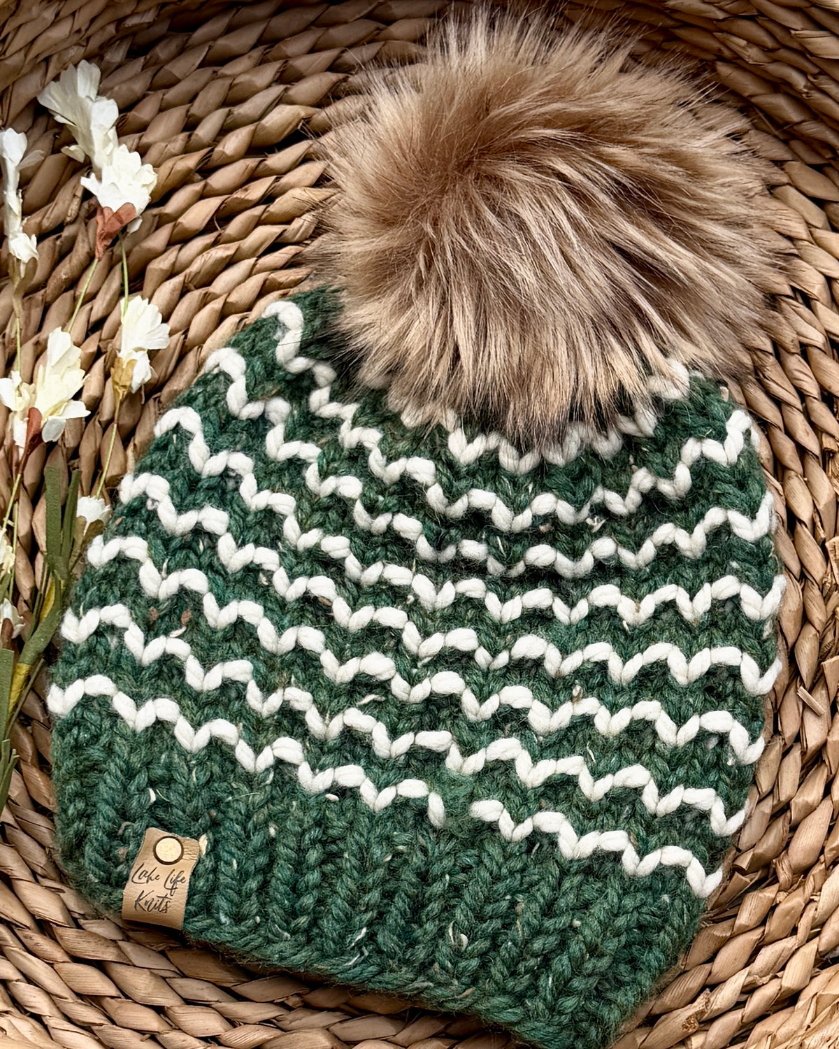 Forest Green & Cream Striped Gala Beanie with Removable Faux-Fur Pom