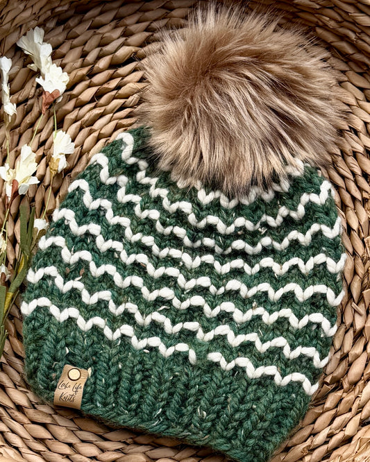 Forest Green & Cream Striped Gala Beanie with Removable Faux-Fur Pom