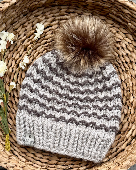 Teak & Parchment Striped Gala Beanie with Removable Faux-Fur Pom