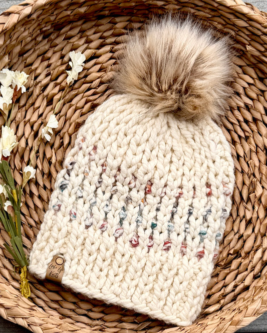 Cream Multicolor Hers Beanie with Removable Faux-Fur Pom
