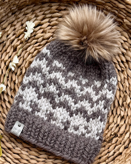 Teak & Parchment Two-Tone Beanie with Removable Faux-Fur Pom