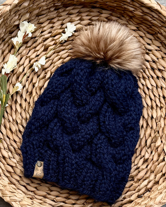 Navy Blue Cable-Knit Beanie with Removable Faux-Fur Pom