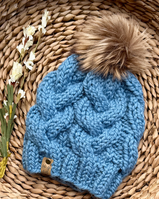Denim Blue Cable-Knit Beanie with Removable Faux-Fur Pom