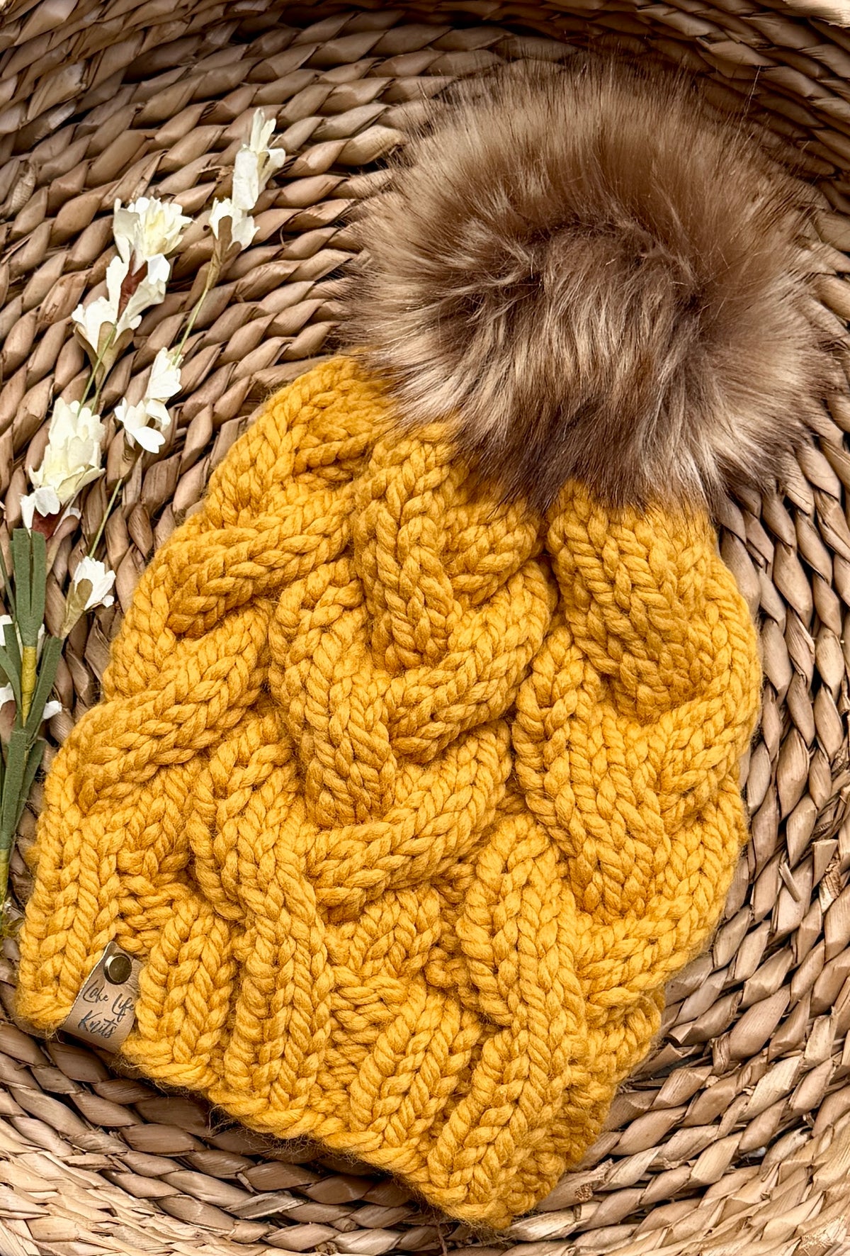 Gold Cable-Knit Beanie with Removable Faux-Fur Pom