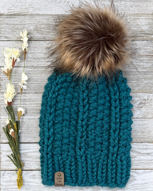 Teal Hale Beanie with Removable Faux-Fur Pom