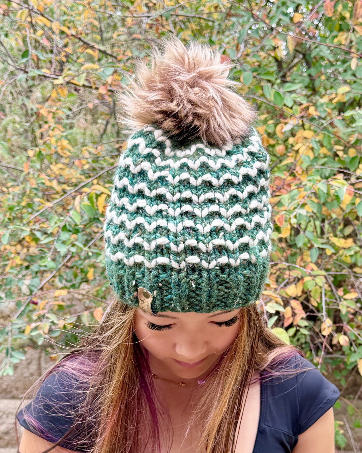 Forest Green & Cream Striped Gala Beanie with Removable Faux-Fur Pom