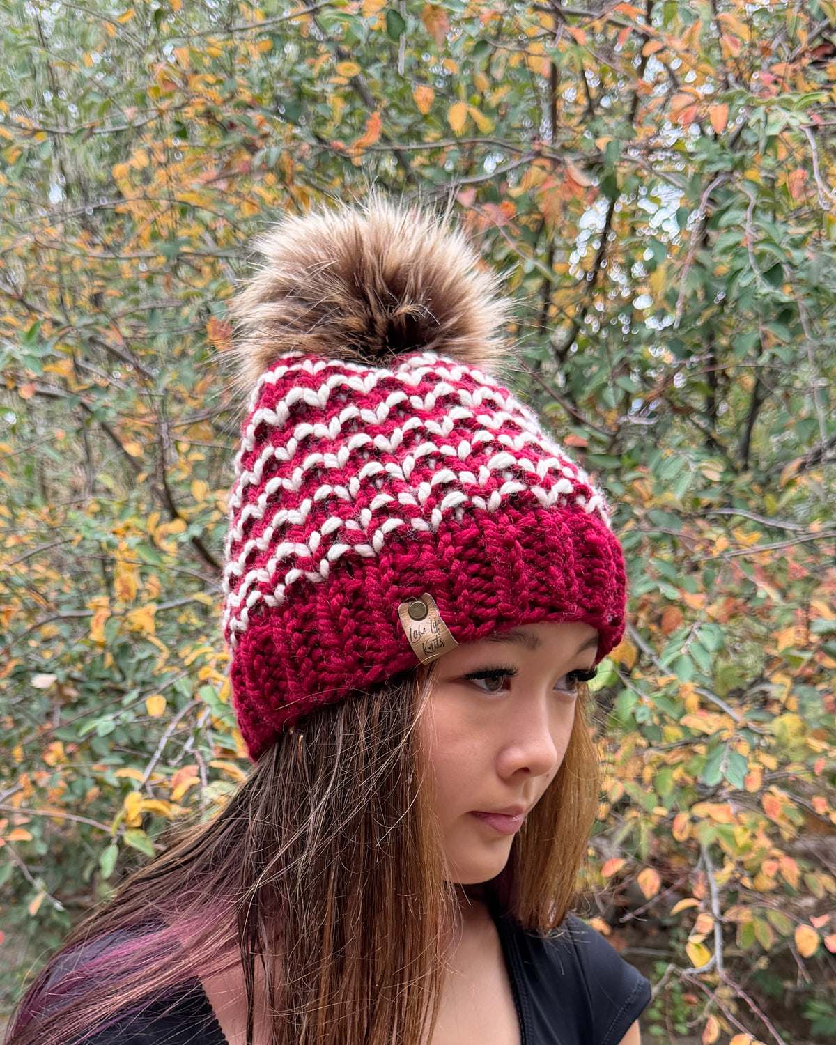 Cranberry & Cream Striped Gala Beanie with Removable Faux-Fur Pom