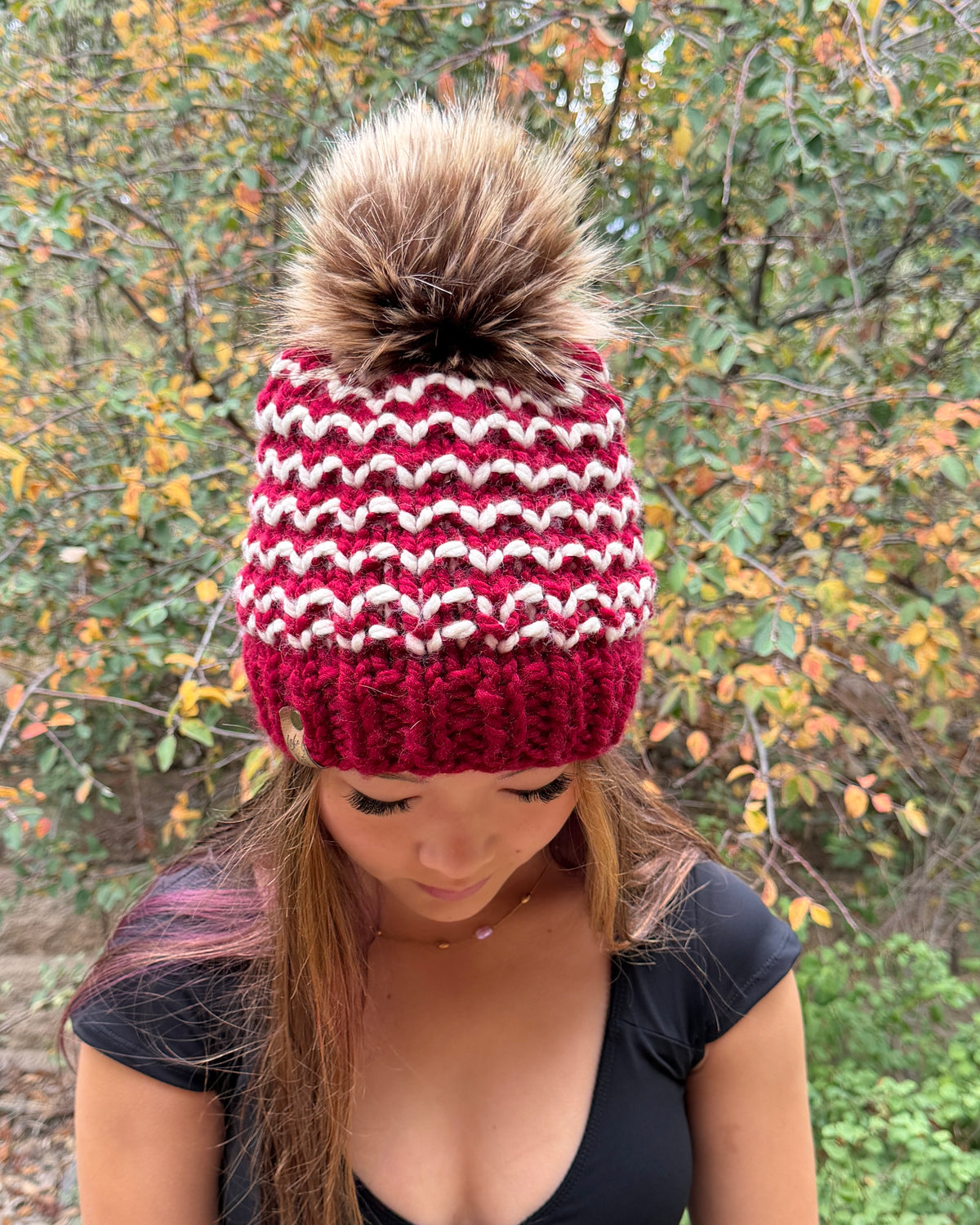 Cranberry & Cream Striped Gala Beanie with Removable Faux-Fur Pom