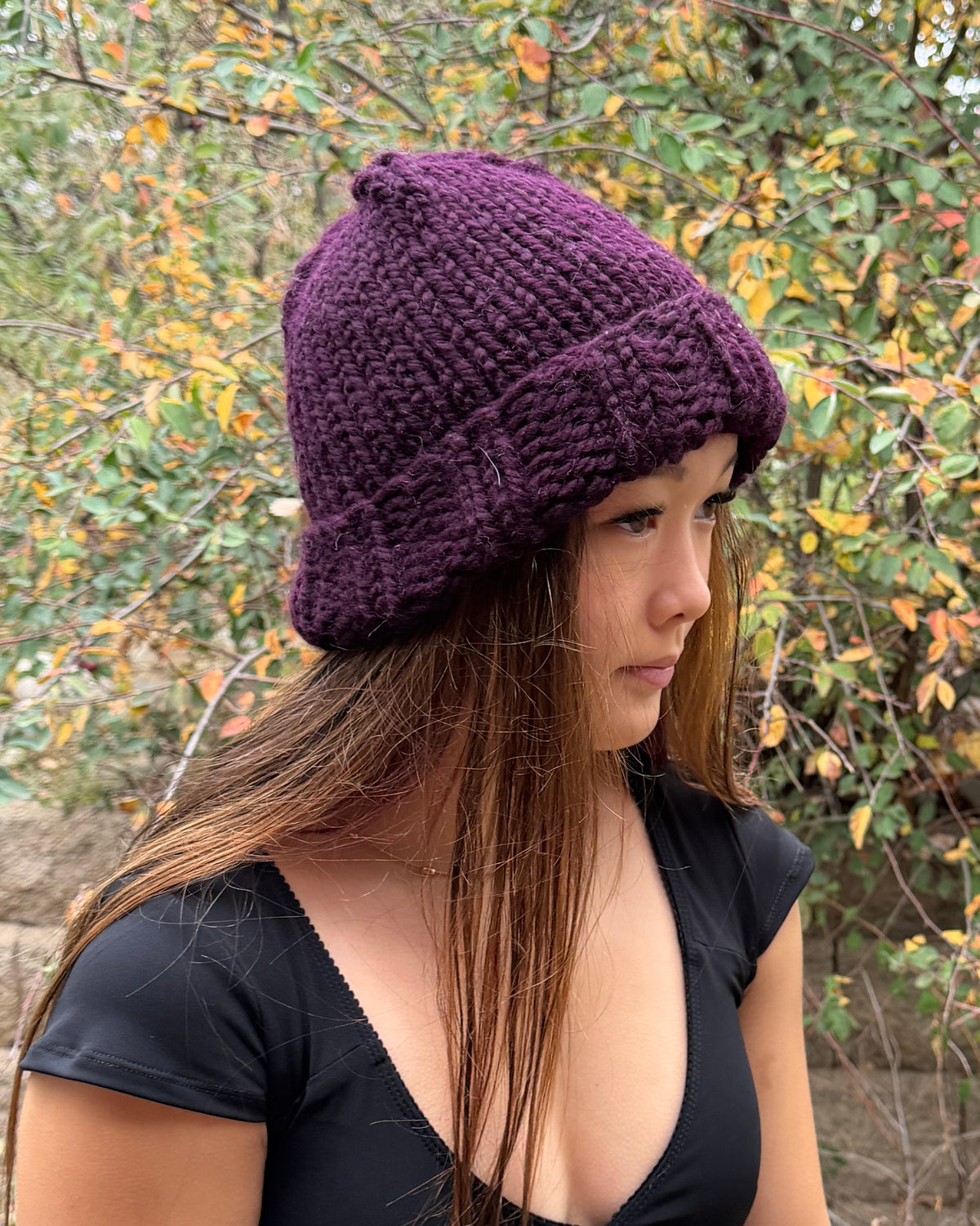Eggplant Purple Folded Brim Beanie with Removable Faux-Fur Pom