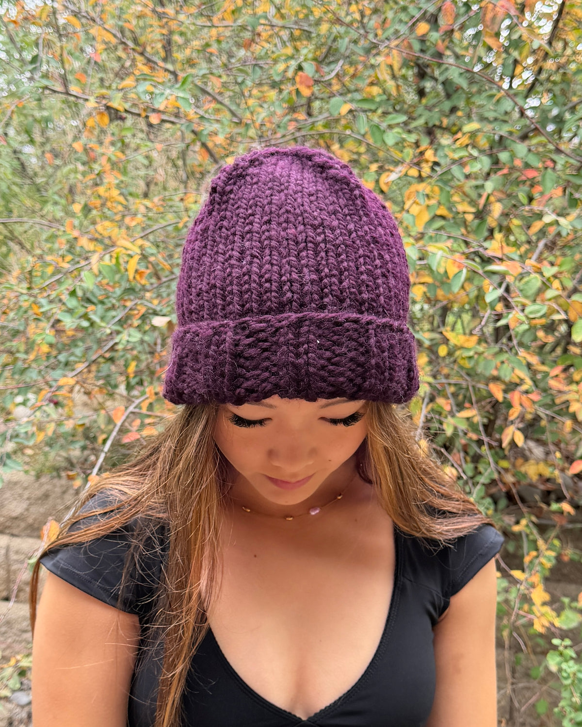Eggplant Purple Folded Brim Beanie with Removable Faux-Fur Pom