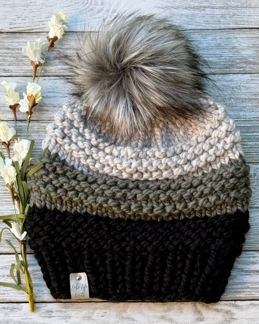 Black, Seaweed & Cream Cranmore Beanie with Removable Faux-Fur Pom