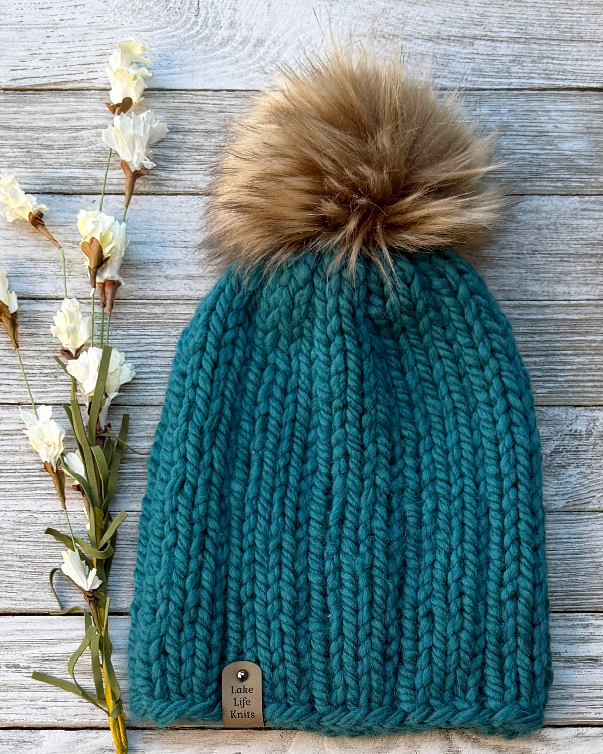 Teal Salt Water Beanie with Removable Faux-Fur Pom