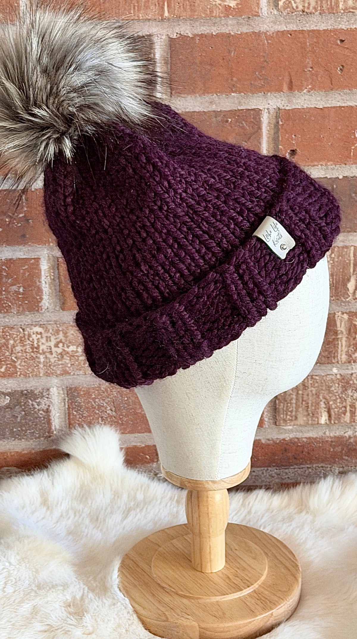 Eggplant Purple Folded Brim Beanie with Removable Faux-Fur Pom
