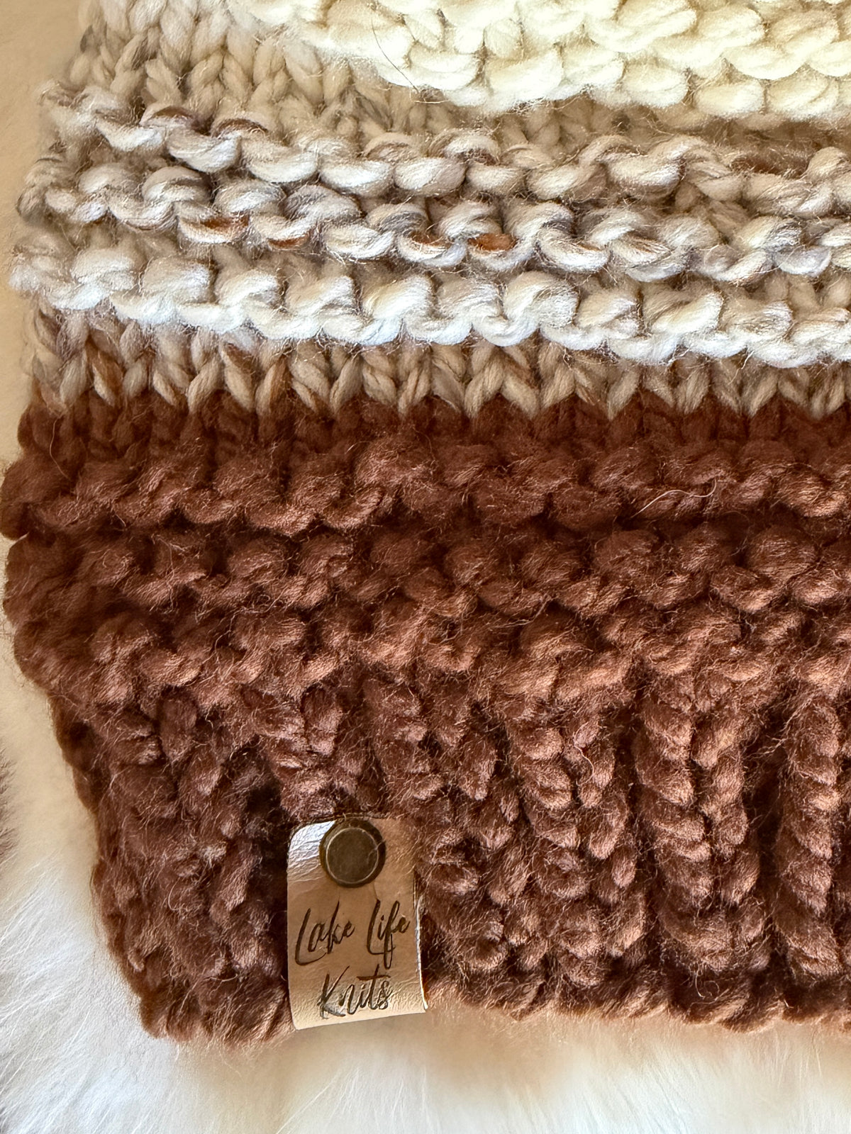 Brown, Cream & Gray Hand-Knit Beanie with Removable Faux-Fur Pom