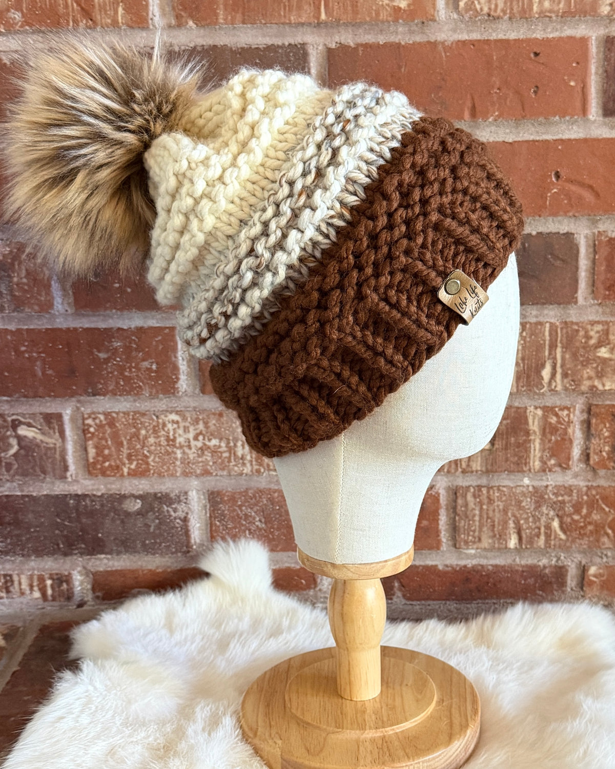 Brown, Cream & Gray Hand-Knit Beanie with Removable Faux-Fur Pom