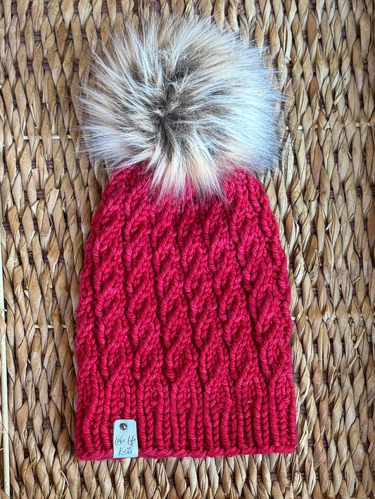 Red Mid-Weight Merino Wool Spinnaker Beanie with Removable Faux-Fur Pom
